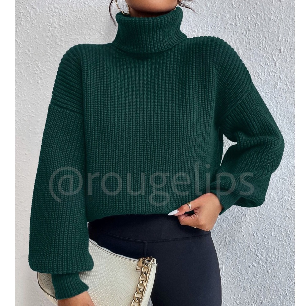 Dark Green Turtleneck Knit Pullover Sweater Long Sleeve